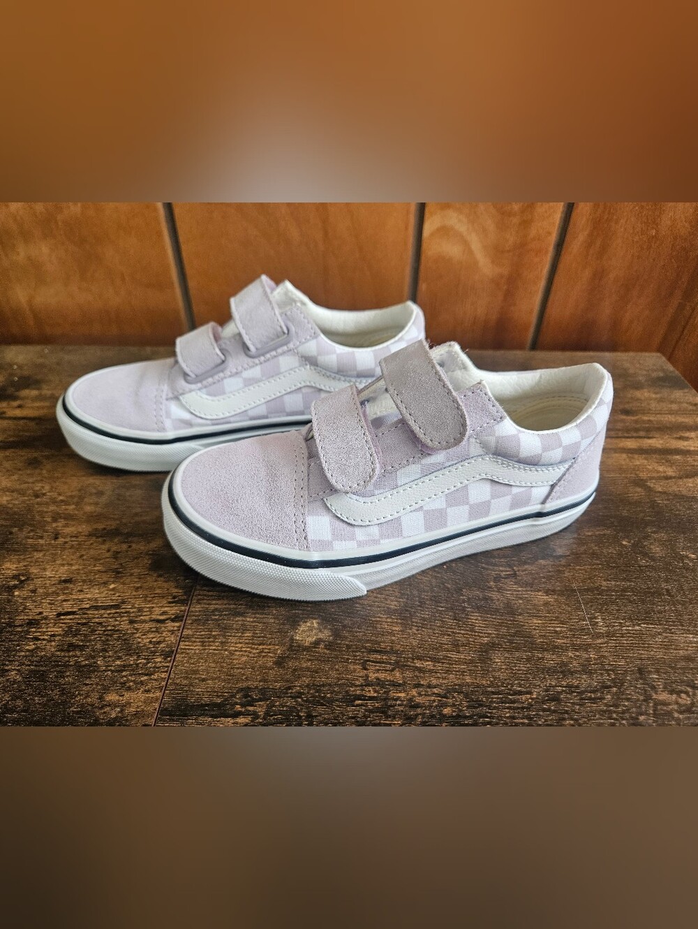 Vans Kids Old Skool Velcro Sneakers in Lavender and White Checkerboard